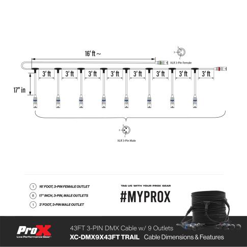 ProX XC-DMX9X43FT TRAIL 43' 3-Pin DMX Cable with 9 Breakouts