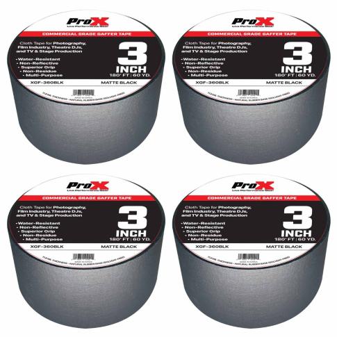 ProX XGF-360BLK 3" Matte Black Gaffers Tape 60 Yard Rolls 4 Pack