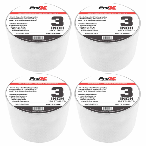 ProX XGF-360WH 3" 180FT Non-Residue Matte White Gaffer Tape 4 Pack