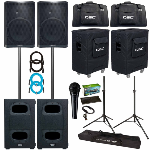 QSC CP12-NA CP Series Compact 12" Powered Loudspeakers with 12" Powered Subwoofers & Mounting Poles Package