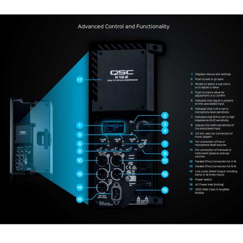 QSC K12.2 K2 Series 12" Two-Way 2000W Powered Loudspeaker I/O Panel Example Diagram
