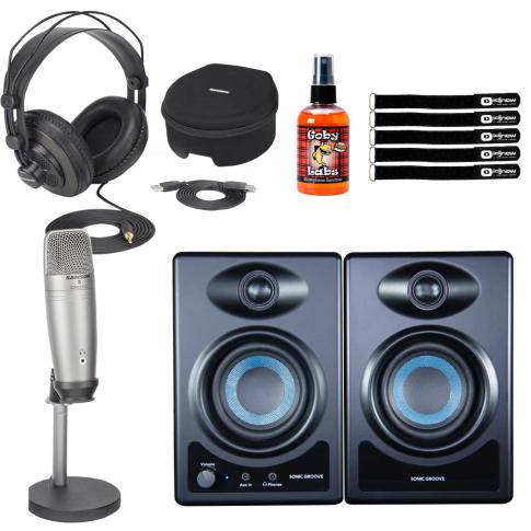 Samson C01U Pro Podcasting Recording USB Microphone w Desktop Monitor Speakers