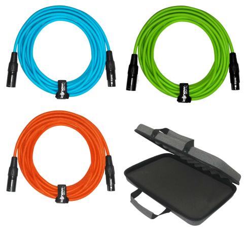 Sure-Fit 20ft Blue, Green, & Orange XLR Male to XLR Female Cables (3 Pack) + Case