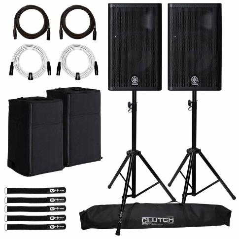 2x Yamaha DXR8MKII 8" 2-way Active Loudspeakers with Clutch Heavy Duty Tripod Stands & Covers Package