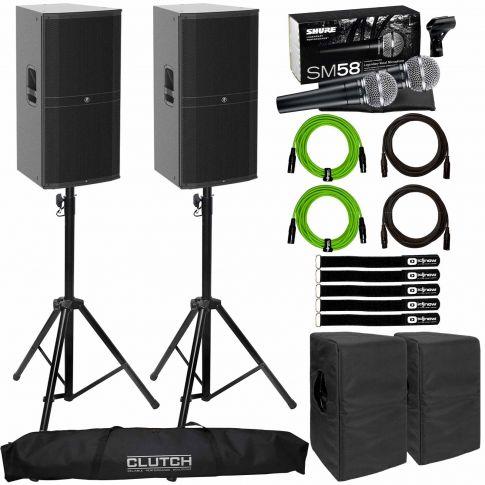 2 Mackie DRM315 Speakers with Shure Mics Clutch Stands IDJNOW