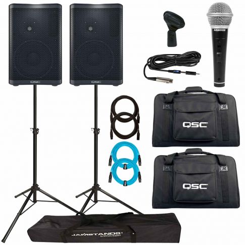 (2) QSC CP8 8" Powered Speakers with Vocal Microphone Package