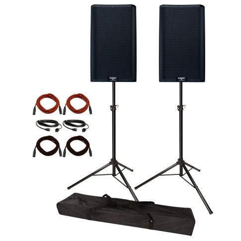 (2) QSC K12.2 K2 Series 12 inch Two-Way 2000W Powered Loudspeakers with Stands & Cables Package