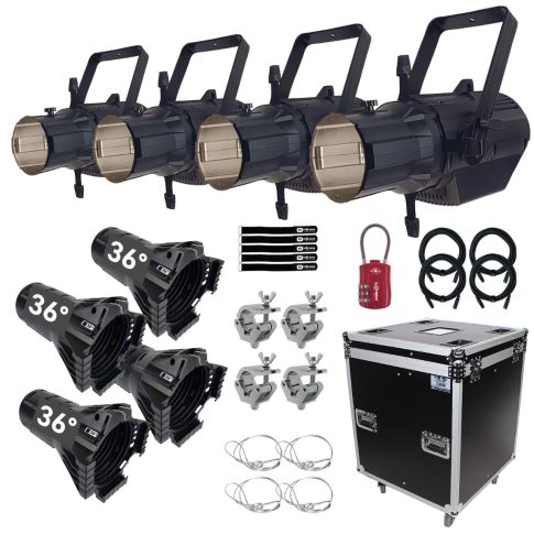 (4) Blizzard Aria Profile WW LED Ellipsoidal Spot Fixtures with 36° Lenses Package