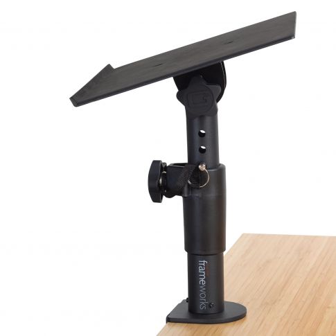 Gator Frameworks GFWSPKSTMNDSKCMP Adjustable Clamp-On Monitor Stands In Use 2