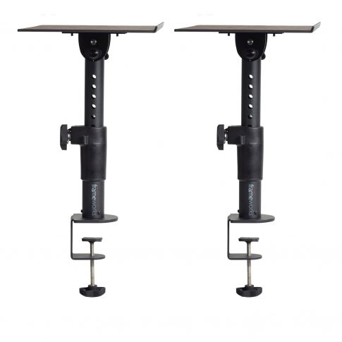 Gator Frameworks GFWSPKSTMNDSKCMP Adjustable Clamp-On Monitor Stands Pair Extended