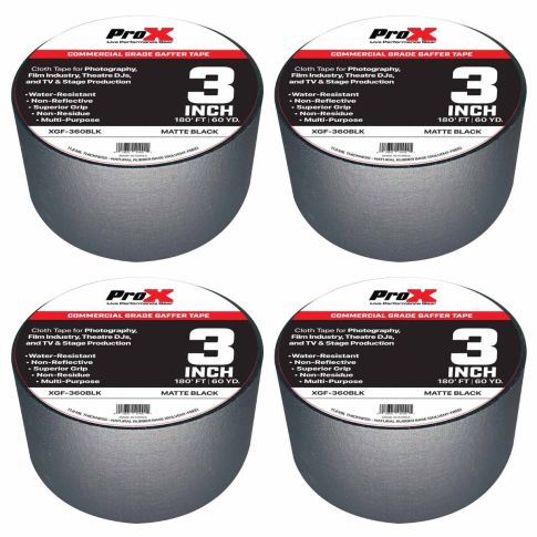 ProX XGF-360BLK 3" Matte Black Gaffers Tape 60 Yard Rolls 4 Pack
