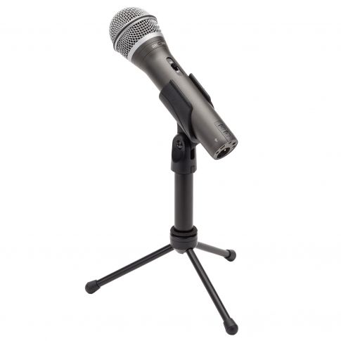 Samson Q2U USB-XLR Dynamic Microphone In Desktop tripod stand Side View