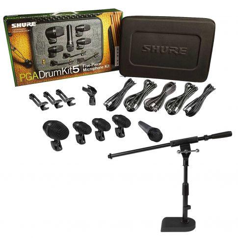 Shure PGADRUMKIT5 Drum Microphone Kit with Kick Drum/Guitar Amp Mic Stand  Package