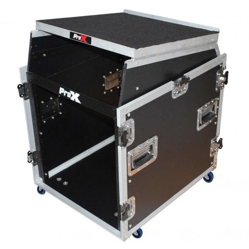 ProX 12U Rack Front load 13U Top Mixer DJ Combo Flight Case w Laptop Shelf & Casters [T-12MRSS13ULT] Angle View