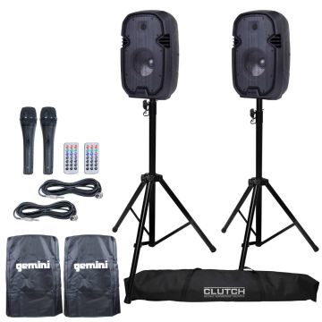 (2) Gemini PartyBox Rave8 8" Powered Speakers with Tripod Speaker Stands Package