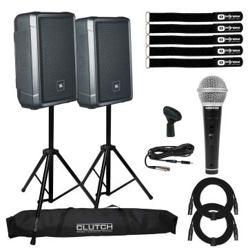 (2) JBL Professional IRX108BT Powered 8" Portable Bluetooth Speakers with Handheld Dynamic Vocal Microphone Package