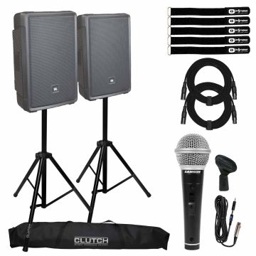 (2) JBL Professional IRX112BT Powered 12" Portable Bluetooth Speakers with Tripod Speaker Stands Package