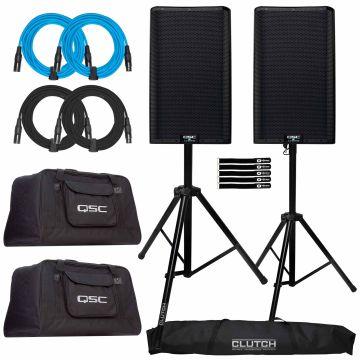 (2) QSC K12.2 K2 Series Two-Way 2000W Powered Loudspeakers with Tote Bags & Stands Package
