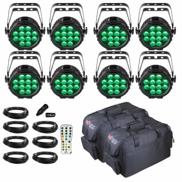 (8) Chauvet DJ SlimPAR Pro Q USB High-Power RGBA Low-Profile Wash Lights with Carry Bags and Remote Control Package