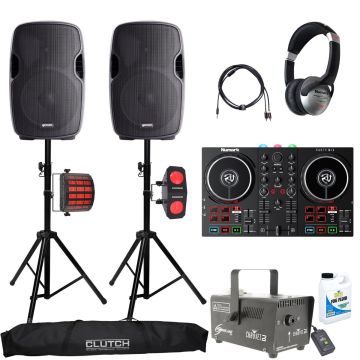 Numark Party Mix II DJ Controller with Gemini AS-1500BLU 15" Bluetooth Active Speaker & Chauvet DJ Effect Lights Package