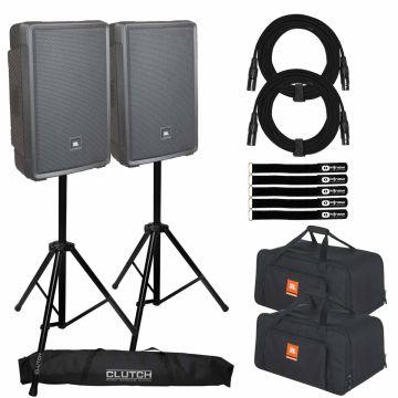 (2) JBL Professional IRX112BT Powered 12" Portable Bluetooth Speakers with Tripod Stands & Tote Bags Package