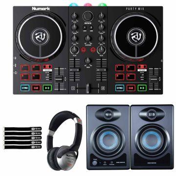Numark Party Mix II Built-In Light Show DJ Controller with 3.5" Desktop Monitor Speakers Package