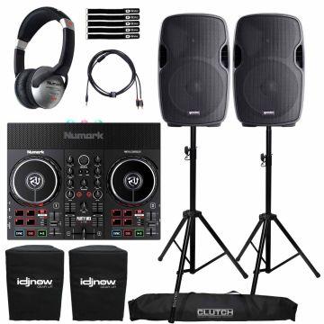 Numark Party Mix Live Built-In Light Show and Speakers DJ Controller with Gemini AS-1500P 15"Active Speakers Package