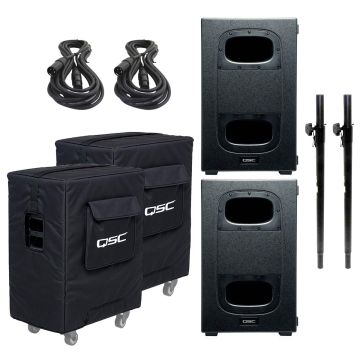 QSC KS212C Powered Dual 12-inch Cardioid Subwoofers with Covers and Poles Duo Package