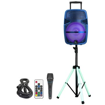 Technical Pro Blue Rechargeable 10" Bluetooth LED Speaker with LED Light Up Speaker Stand Package