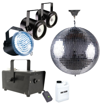 12" Glass Mirror Ball with Fog Machine & LED Strobe Light Package