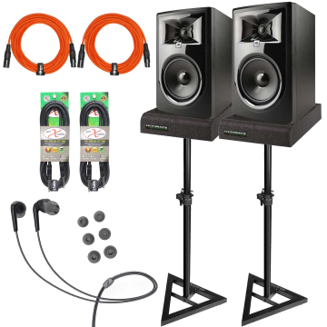(2) JBL Professional 306P MkII Powered 6" Monitors with Clutch Stands & Mee Audio In-Ear Headphones Package