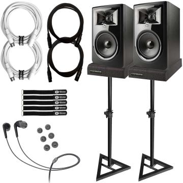 (2) JBL Professional 306P MkII Powered 6" Monitors with Ultimate Support Stands & Mee In-Ear Headphones Package
