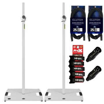(2) Gravity GLS431W White Square Steel Base Lighting Stands with Cables Package