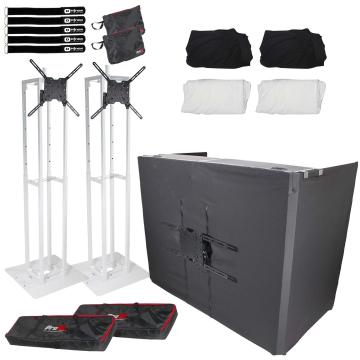 (2) ProX Flex Totem TV White Folding Steel Adjustable Stage Podium Totems with DJ Facade Table Station Package