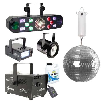 Clutch 8" Enhanced Mirror Ball with Furious Five RG Effect Light & Lighted Fog Machine Package