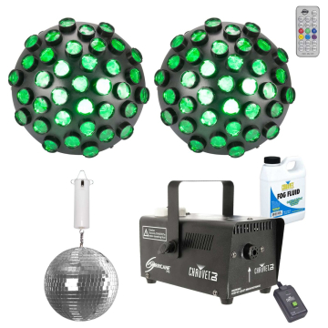 Clutch 8" Enhanced DC Motorized Mirror Ball with Party Fog Machine & Startec Contour Mirror Ball LED Effect Lights Package