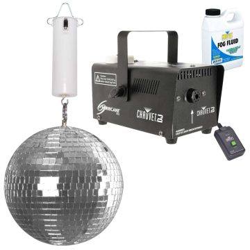 Clutch 8" Enhanced DC Motorized Mirror Ball with Chauvet Hurricane 700 Fog Machine Effect & Quart of Fluid Package