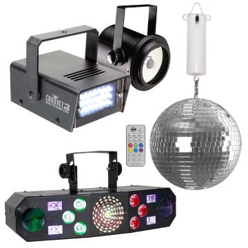 Clutch 8" Enhanced Mirror Ball with Pinspot Lighting Fixture & Furious Five RG Hybrid Effect Light Package