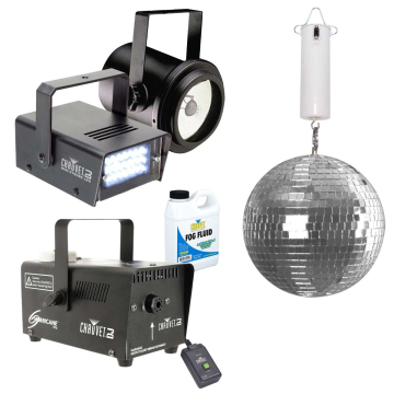 Clutch 8" Enhanced Mirror Ball with Pinspot Lighting Fixture & Lighted Fog Machine Package