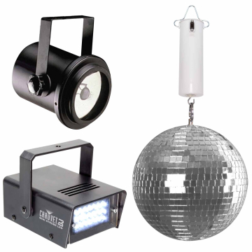 Clutch 8" Enhanced Mirror Ball with Pinspot Lighting Fixture & Mini Strobe Package