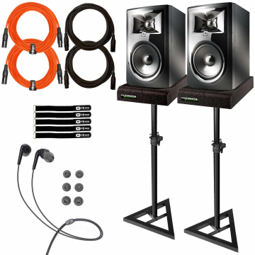 JBL Professional 306P MkII 6" Monitors (2-pack) with Stands & Mee Audio In-Ear Headphones Package