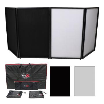 ProX XF-4X3048BMK3 Four Panel Party Black Frame Collapse and Go DJ Facade, 2 Side Corner Shelves, Carry Bag, 4x Black & 4x White Scrims