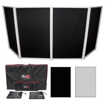 ProX XF-4X3048W MK3 Four Panel Collapse and Go DJ Facade with White Frame, Carry Bag & 2 Side Corner Shelves | Black and White Scrims
