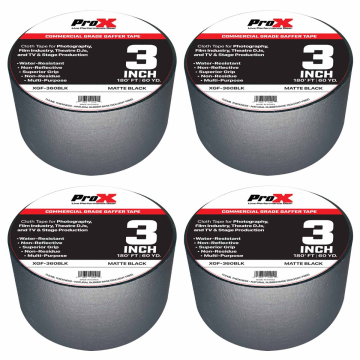 ProX XGF-360BLK 3" Matte Black Gaffers Tape 60 Yard Rolls 4 Package
