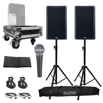 QSC K10.2 K2 Series 10" Two-Way 2000W Active Speakers with Stands, Microphone, and Carry Case Package